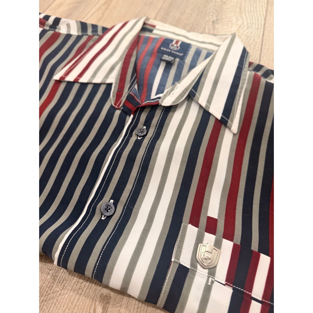 Phat Farm Mens XXL Short Sleeve Button Down Shirt Red Navy Blue Striped Graphic
